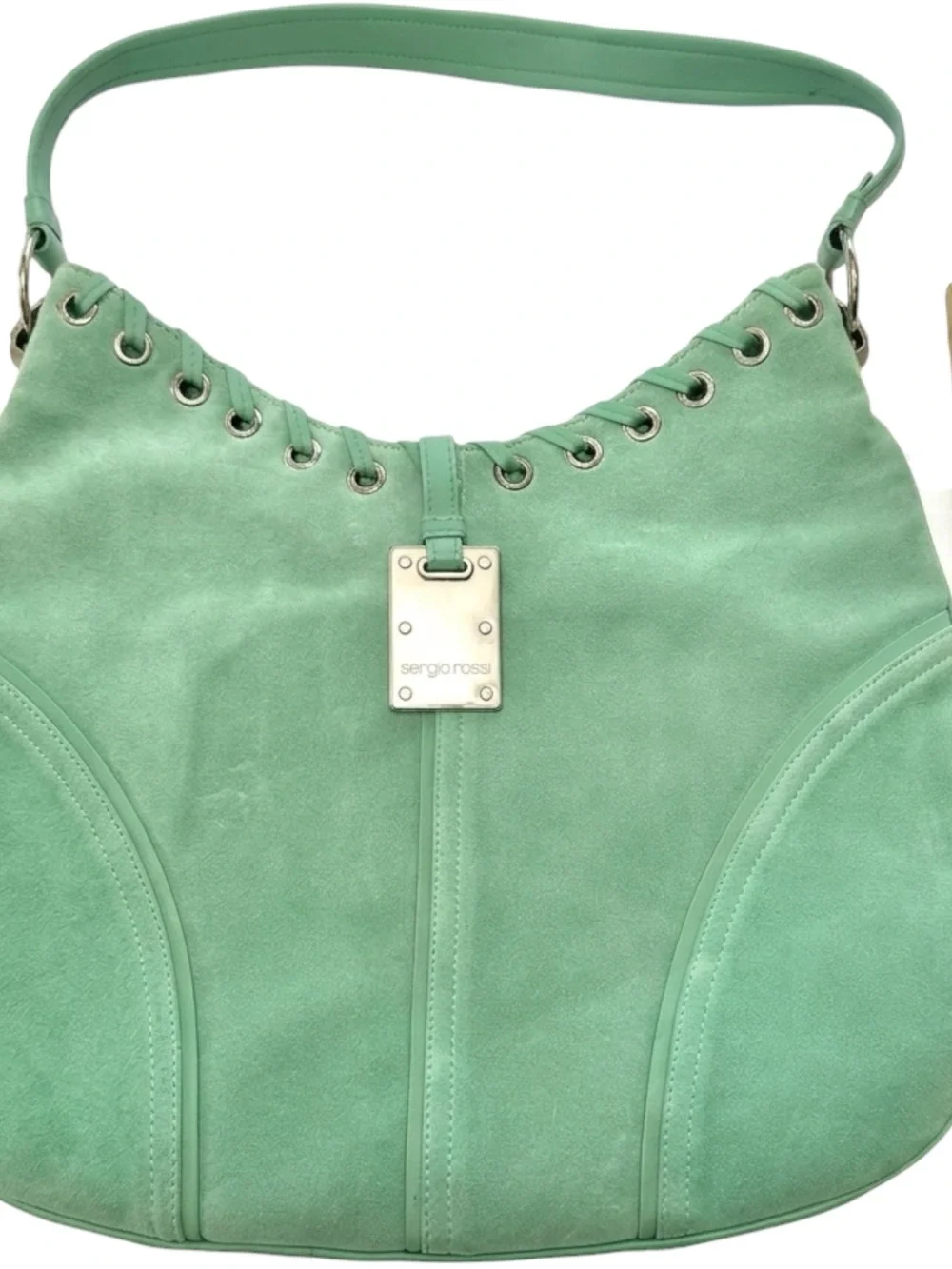 Sergio Rossi Mint Green Suede Hobo Shoulder Bag Grommet Hardware Italy Vintage